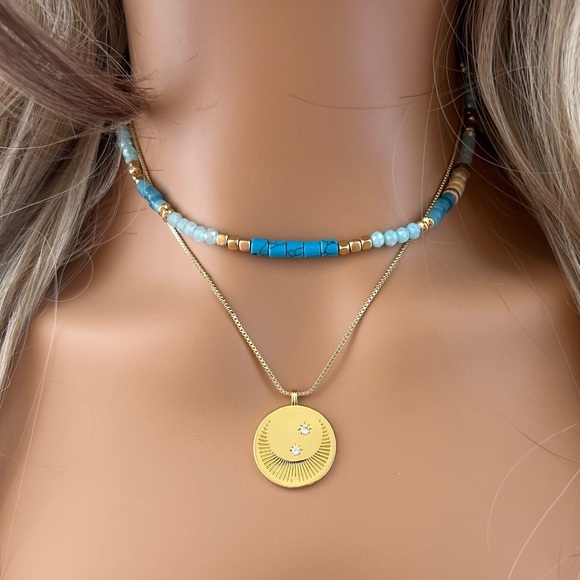 Moon and Stars Gold Medallion Necklace with Blue Gold Beaded Necklace Set- New - Picture 1 of 9